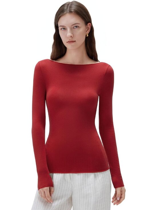 Tops - Women's Red Elegant Boat Neck Long Sleeve Shirt Slim Fit Going Out Knit Top